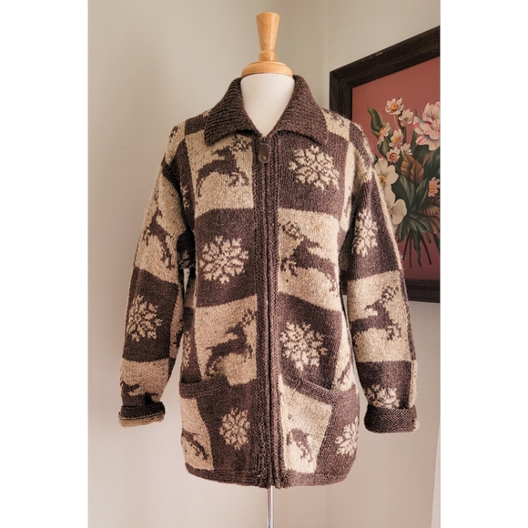 Vintage Wool Cowichan Style Sweater Wool Zip Front w/ Neutral Winter Patchwork - Picture 3 of 15